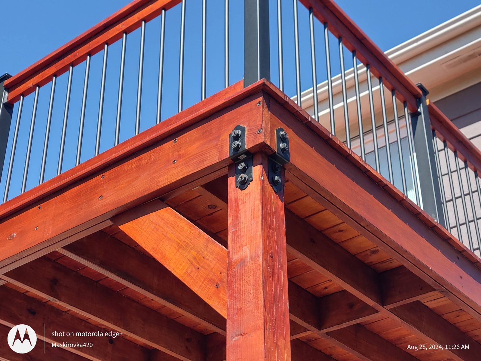 Close-up of wooden deck construction and joinery