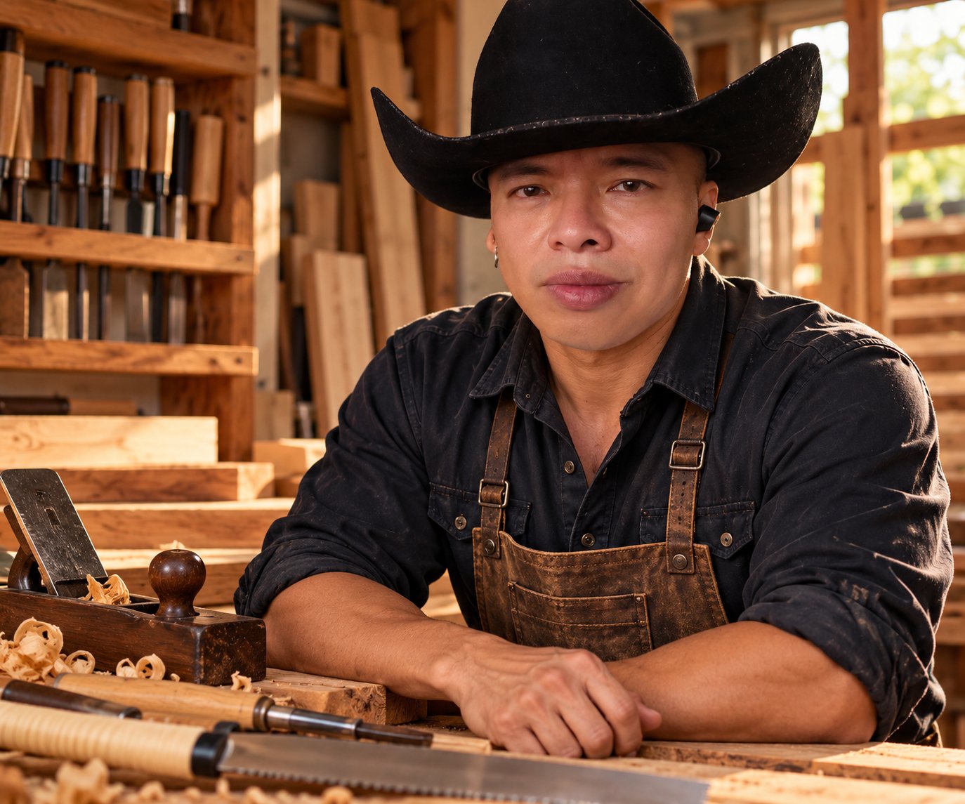 Illustrative professional portrait of Jeremiah De Guzman in a woodworking shop